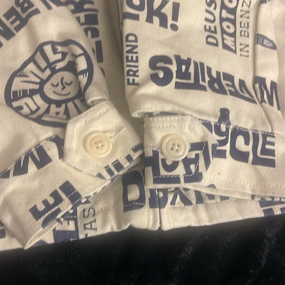 NWT Deus Ex Machina Men’s M Cream/Black Jacket Zip Close Denim Text Pattern Logo - Picture 7 of 10